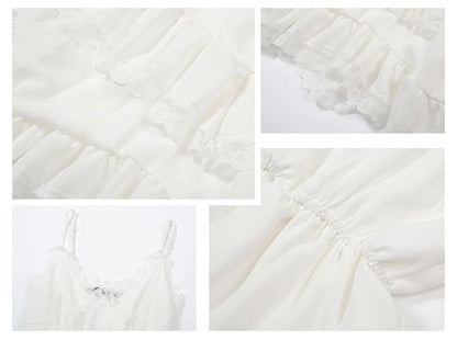 Spaghetti Strap V-Neck Plain Lace Trim Mini A-Line Dress / Collared Button-Up Denim Crop Jacket