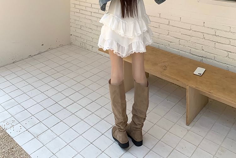 Spaghetti Strap V-Neck Plain Lace Trim Mini A-Line Dress / Collared Button-Up Denim Crop Jacket