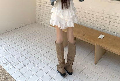Spaghetti Strap V-Neck Plain Lace Trim Mini A-Line Dress / Collared Button-Up Denim Crop Jacket