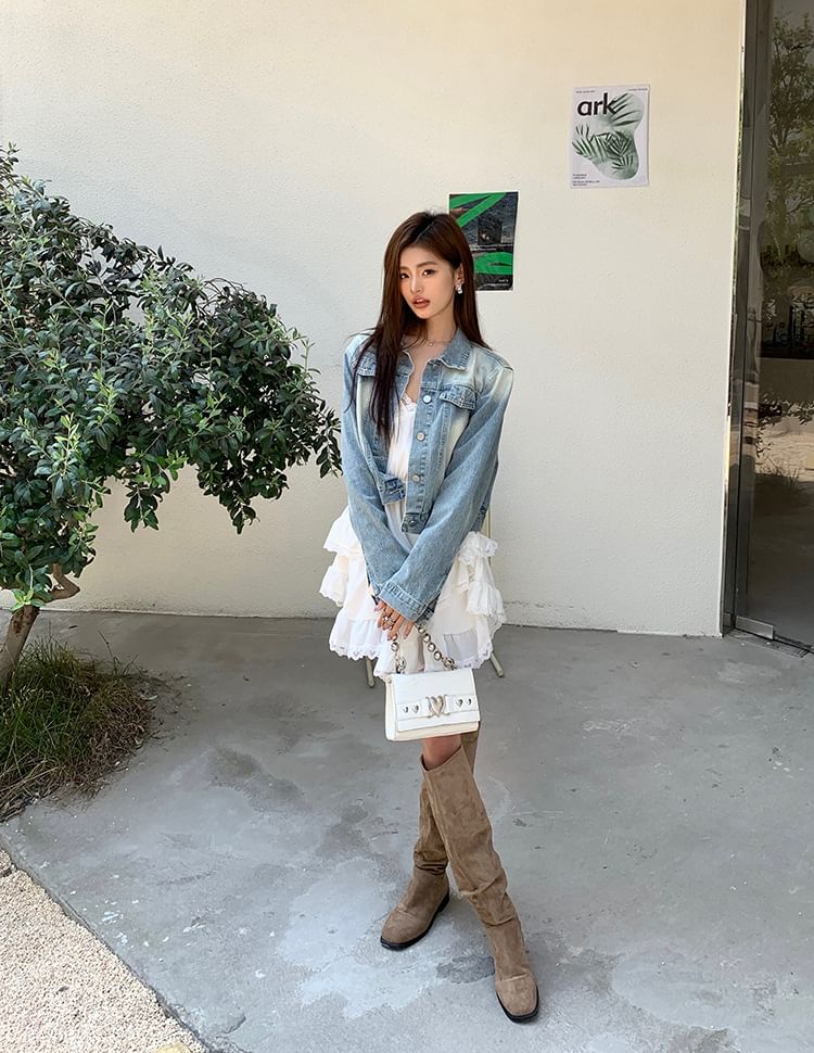 Spaghetti Strap V-Neck Plain Lace Trim Mini A-Line Dress / Collared Button-Up Denim Crop Jacket
