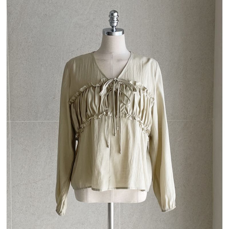 Long Sleeve V-Neck Frill Tie Front Ruched Blouse