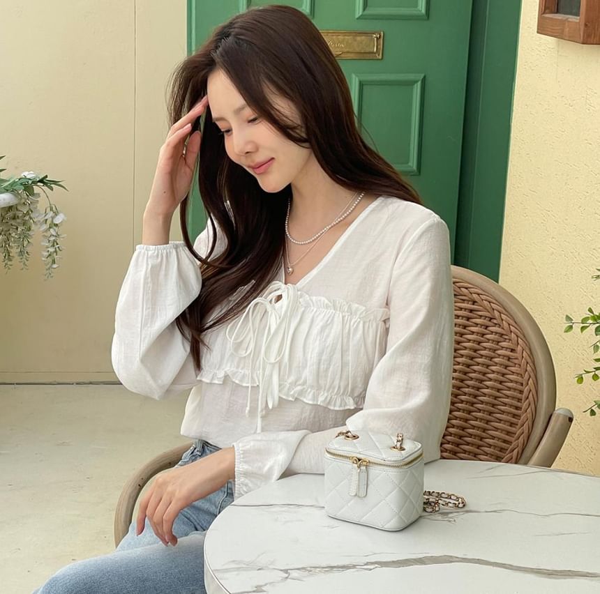 Long Sleeve V-Neck Frill Tie Front Ruched Blouse