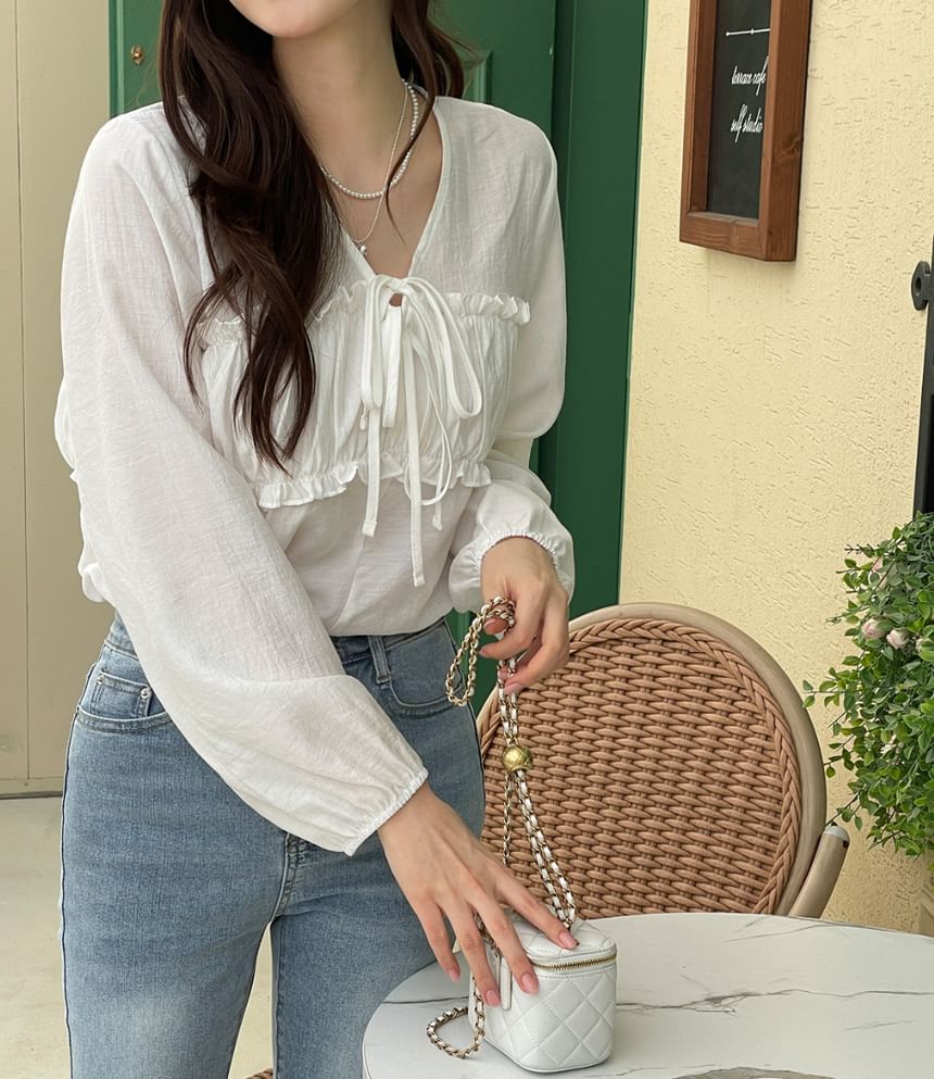 Long Sleeve V-Neck Frill Tie Front Ruched Blouse
