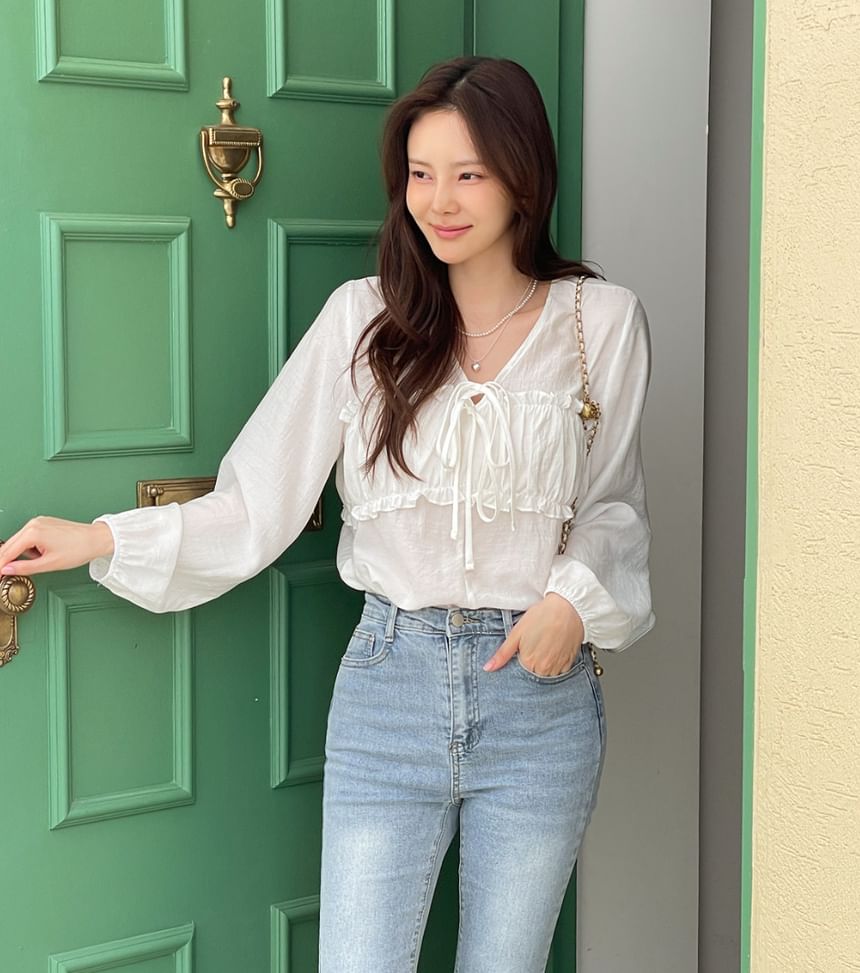 Long Sleeve V-Neck Frill Tie Front Ruched Blouse