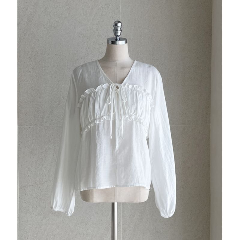 Long Sleeve V-Neck Frill Tie Front Ruched Blouse