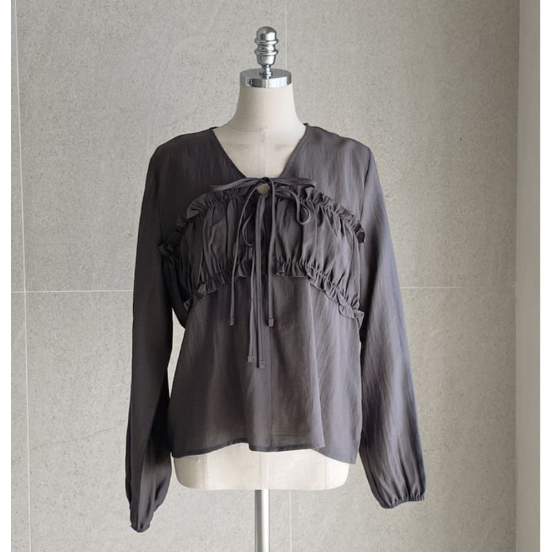 Long Sleeve V-Neck Frill Tie Front Ruched Blouse