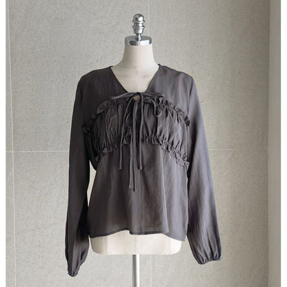 Long Sleeve V-Neck Frill Tie Front Ruched Blouse