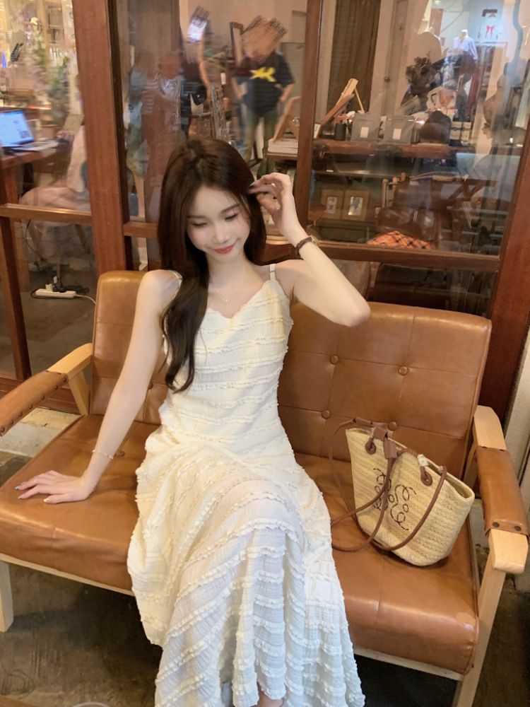 Spaghetti Strap V-Neck Plain Lace Trim Maxi A-Line Dress