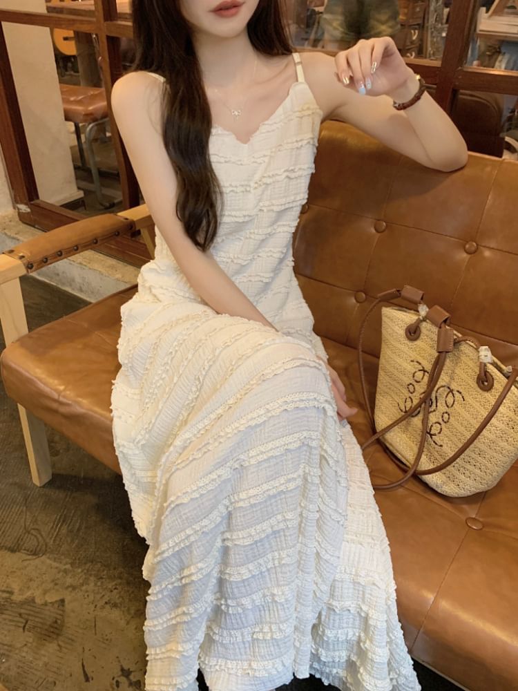Spaghetti Strap V-Neck Plain Lace Trim Maxi A-Line Dress