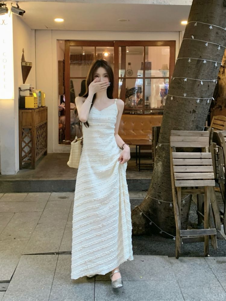 Spaghetti Strap V-Neck Plain Lace Trim Maxi A-Line Dress