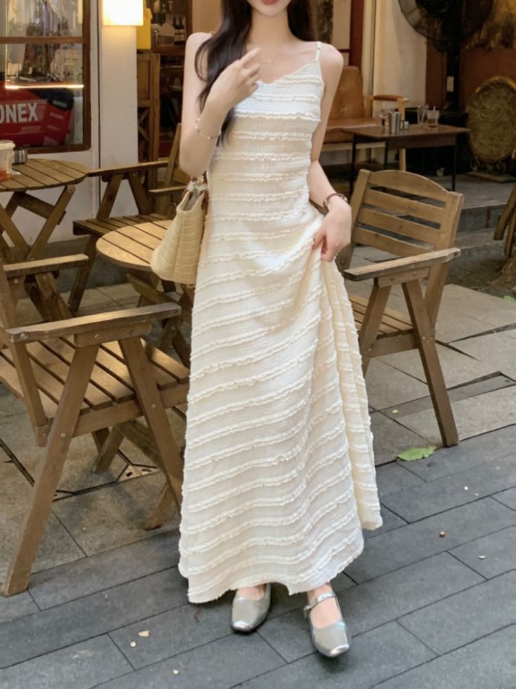 Spaghetti Strap V-Neck Plain Lace Trim Maxi A-Line Dress