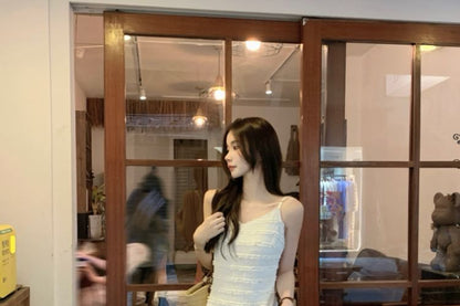 Spaghetti Strap V-Neck Plain Lace Trim Maxi A-Line Dress