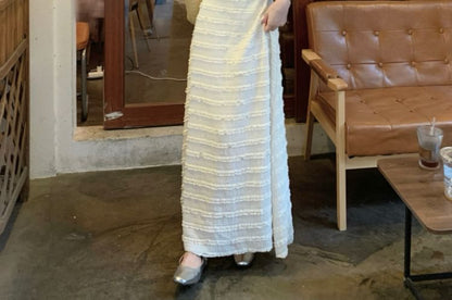 Spaghetti Strap V-Neck Plain Lace Trim Maxi A-Line Dress