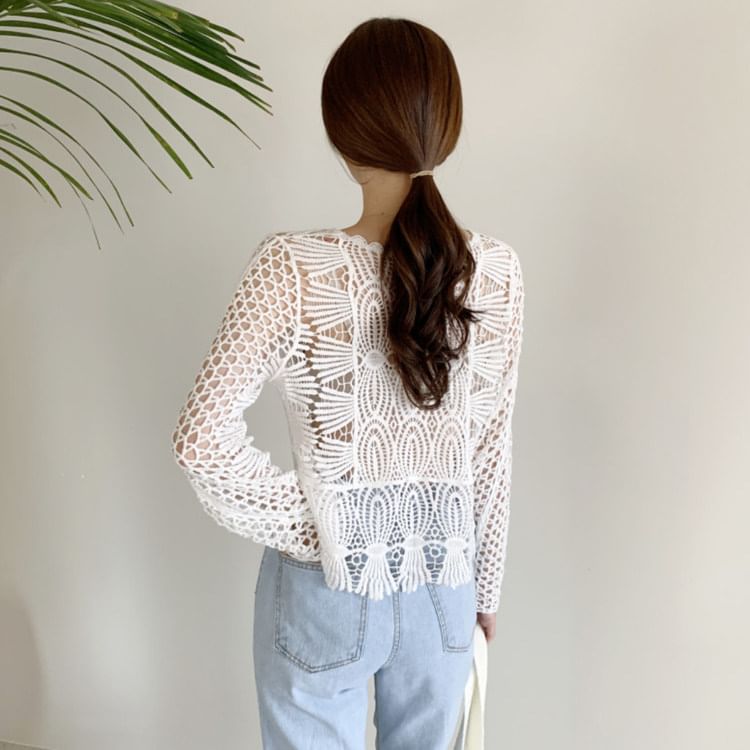 Round Neck Long Sleeve Scallop Trim Crochet Knit Top