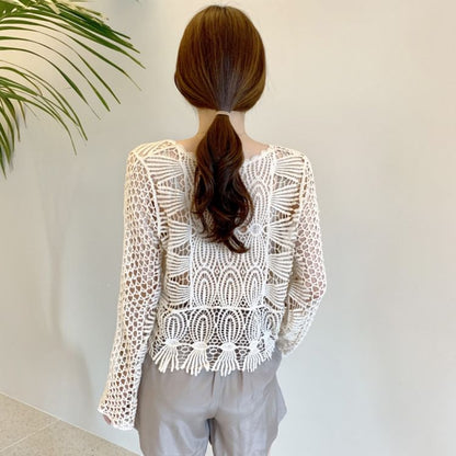 Round Neck Long Sleeve Scallop Trim Crochet Knit Top