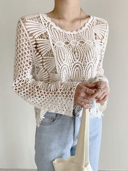 Round Neck Long Sleeve Scallop Trim Crochet Knit Top