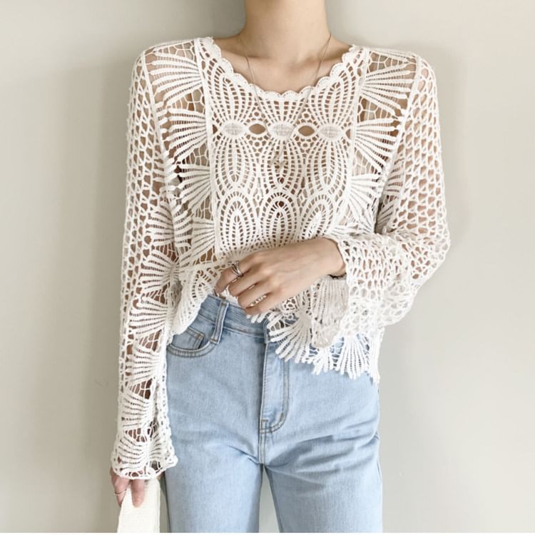 Round Neck Long Sleeve Scallop Trim Crochet Knit Top