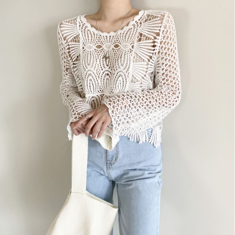 Round Neck Long Sleeve Scallop Trim Crochet Knit Top