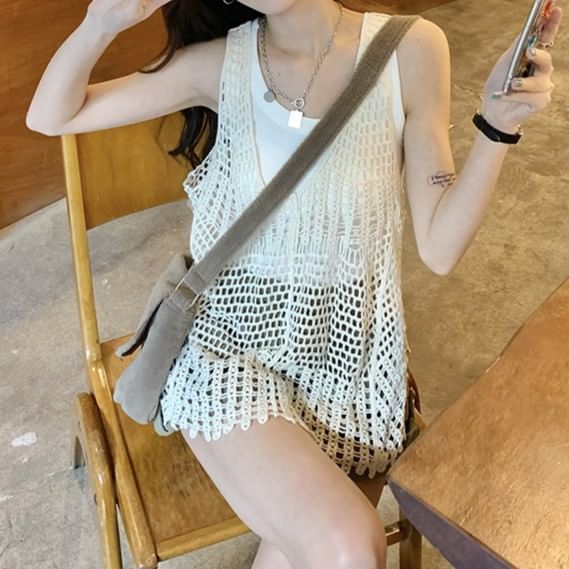 V-Neck Crochet Knit Tank Top