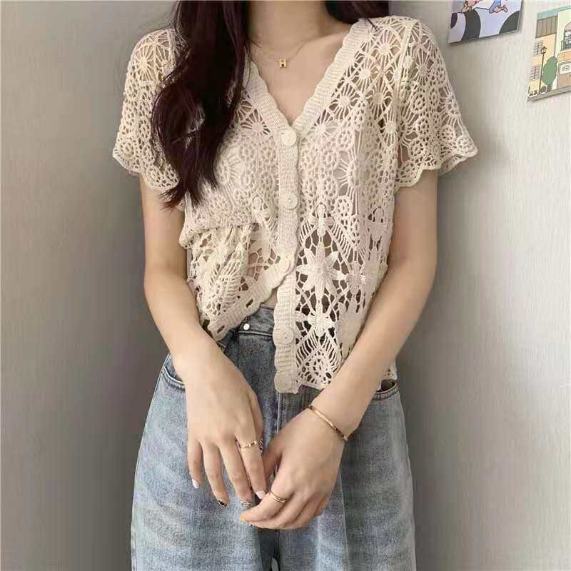 Short Sleeve V-Neck Knit Top with Crochet Detail