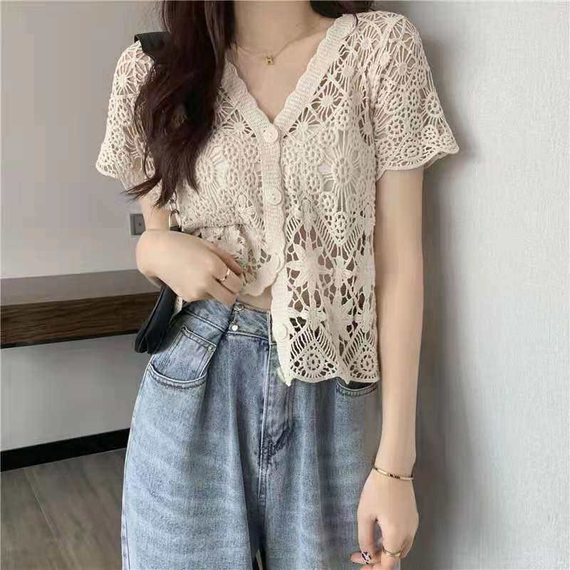 Short Sleeve V-Neck Knit Top with Crochet Detail