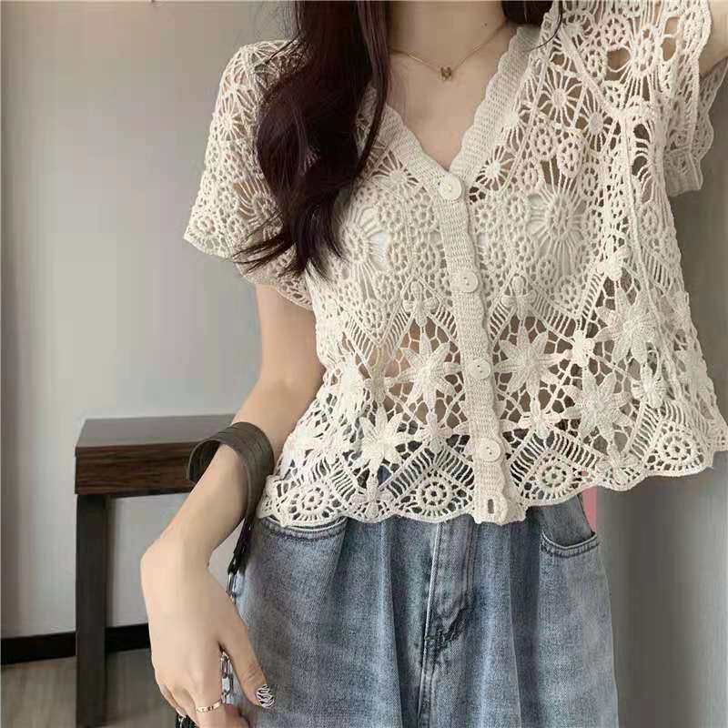 Short Sleeve V-Neck Knit Top with Crochet Detail