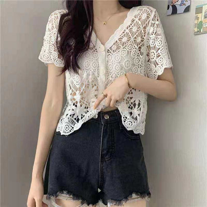 Short Sleeve V-Neck Knit Top with Crochet Detail