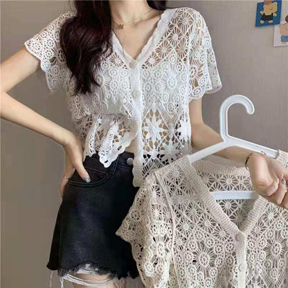 Short Sleeve V-Neck Knit Top with Crochet Detail