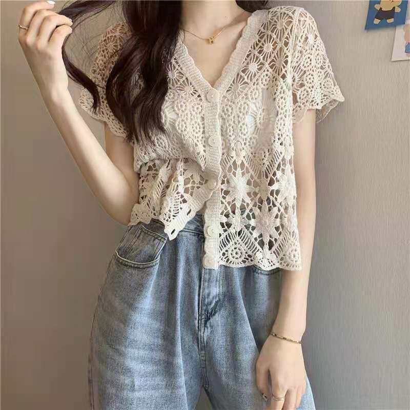 Short Sleeve V-Neck Knit Top with Crochet Detail