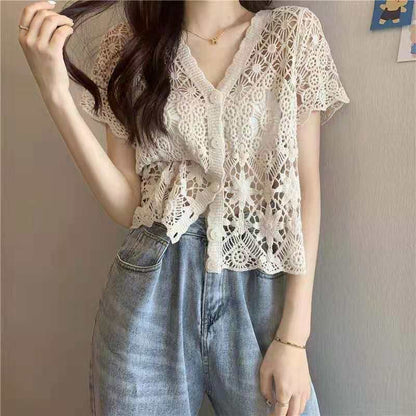 Short Sleeve V-Neck Knit Top with Crochet Detail