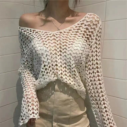 V-Neck Long Sleeve Crochet Knit Top in Solid