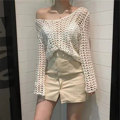 V-Neck Long Sleeve Crochet Knit Top in Solid
