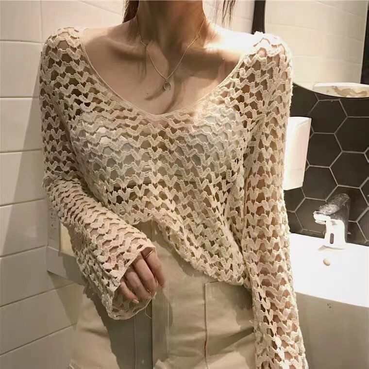 V-Neck Long Sleeve Crochet Knit Top in Solid