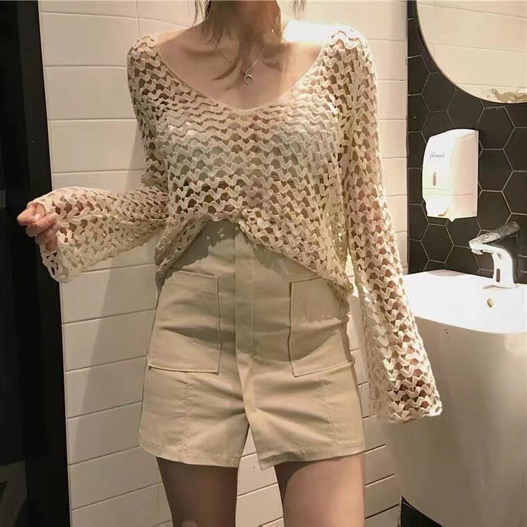 V-Neck Long Sleeve Crochet Knit Top in Solid