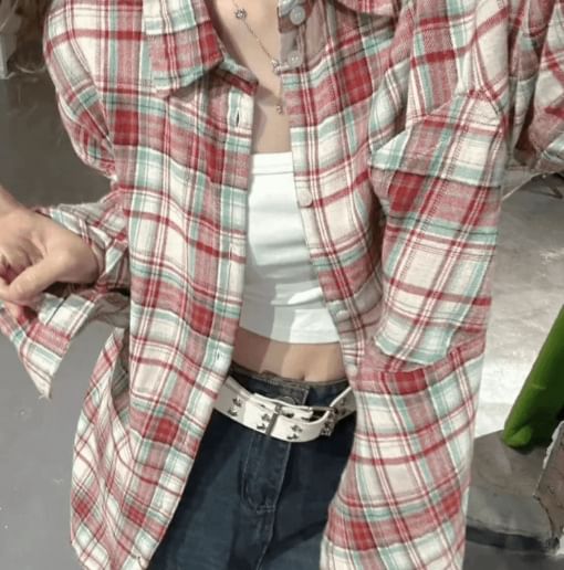 Long Sleeve Plaid Pocket Front Oxford Shirt