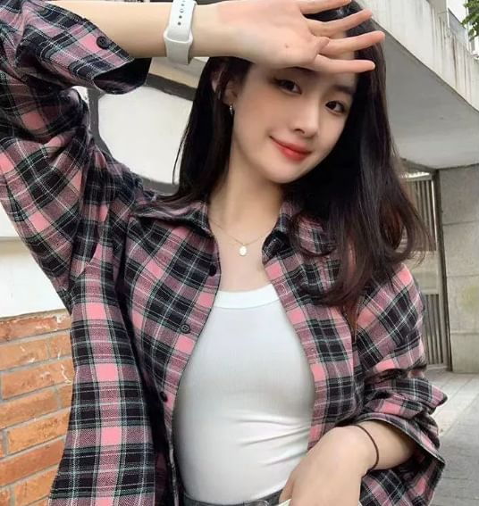 Long Sleeve Plaid Pocket Front Oxford Shirt