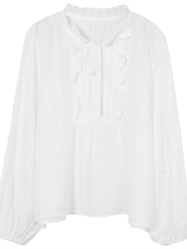 Puff Sleeve Notch Neck Ruffle Blouse in Solid