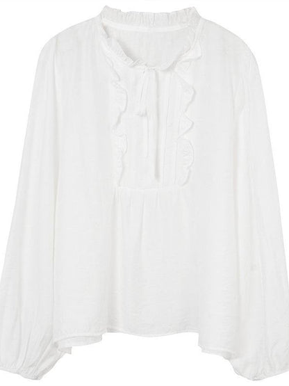 Puff Sleeve Notch Neck Ruffle Blouse in Solid