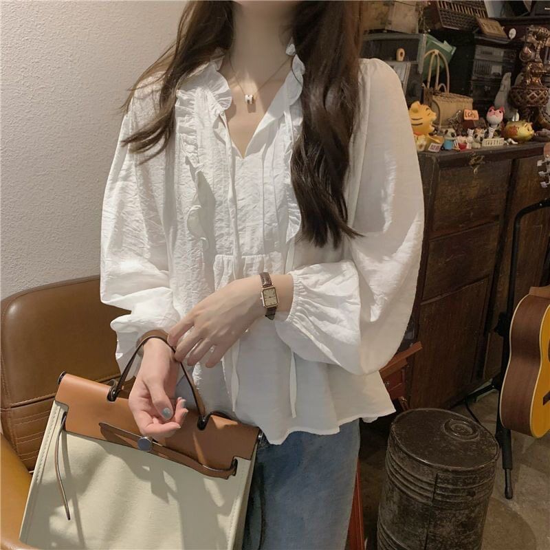 Puff Sleeve Notch Neck Ruffle Blouse in Solid