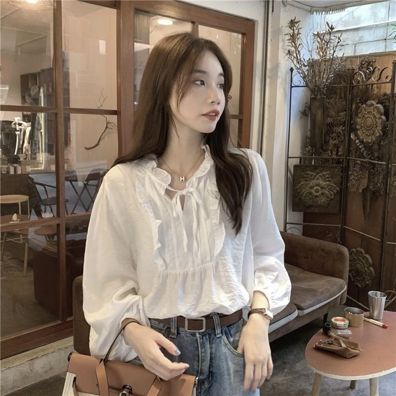Puff Sleeve Notch Neck Ruffle Blouse in Solid