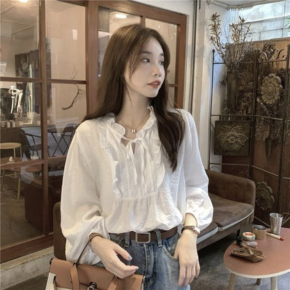 Puff Sleeve Notch Neck Ruffle Blouse in Solid