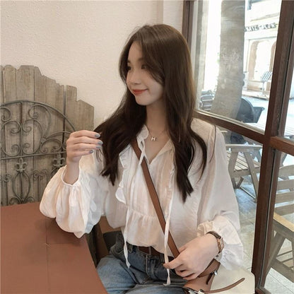 Puff Sleeve Notch Neck Ruffle Blouse in Solid