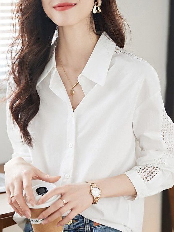Long Sleeve Lace Trim Solid Shirt