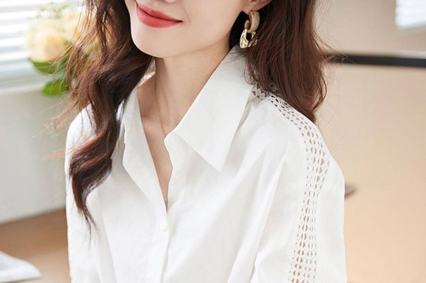 Long Sleeve Lace Trim Solid Shirt