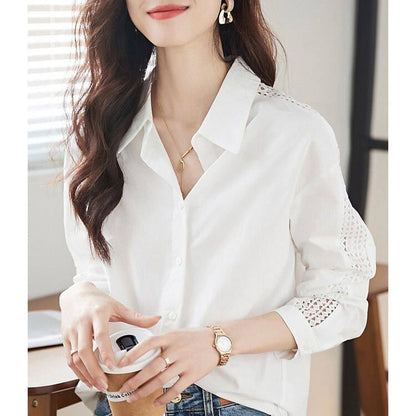 Long Sleeve Lace Trim Solid Shirt