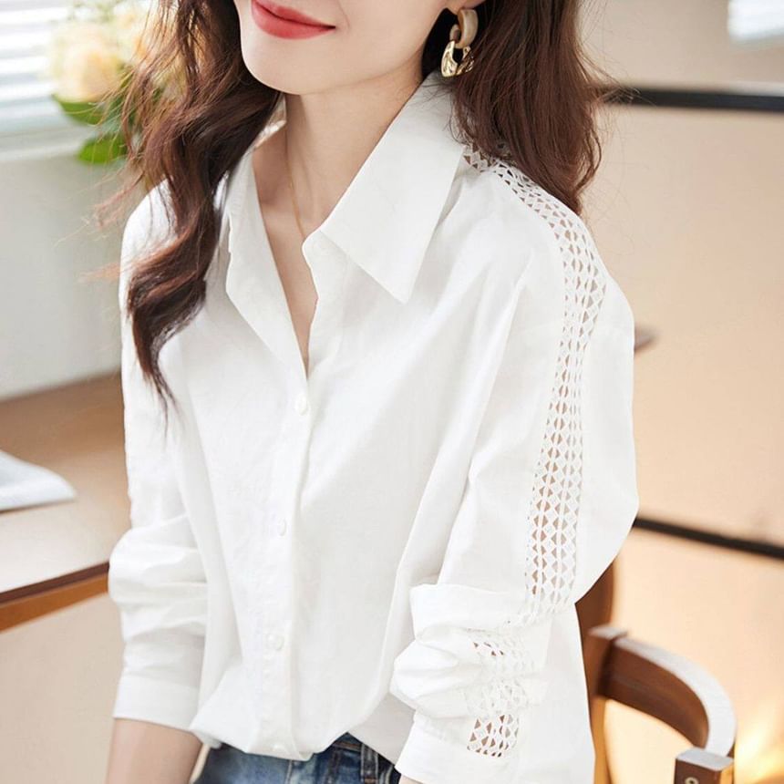 Long Sleeve Lace Trim Solid Shirt