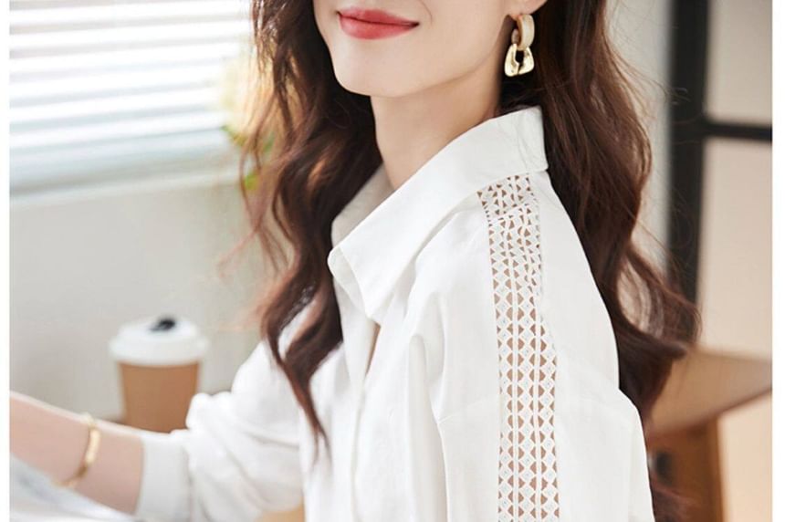 Long Sleeve Lace Trim Solid Shirt
