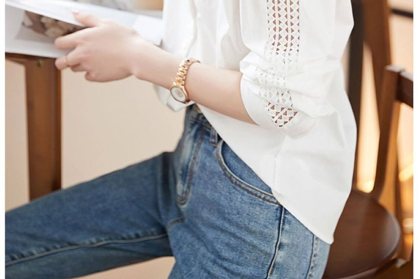 Long Sleeve Lace Trim Solid Shirt