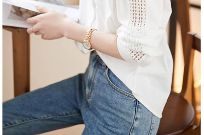Long Sleeve Lace Trim Solid Shirt