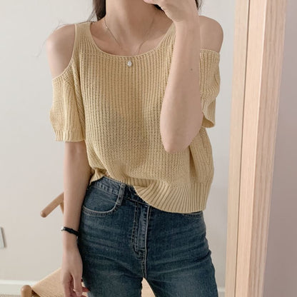 Short Sleeve Cold Shoulder Solid Knit Top